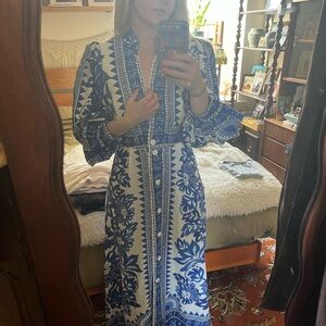 FARM RIO Blue and White Floral Button-Front Maxi Dress - GORGEOUS EASTER DRESS